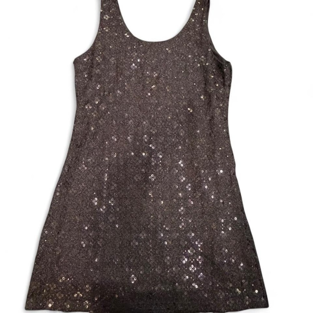 Wish Sequin Mini Dress Black Metallic Sleeveless Scoop Neck L D1812 USA